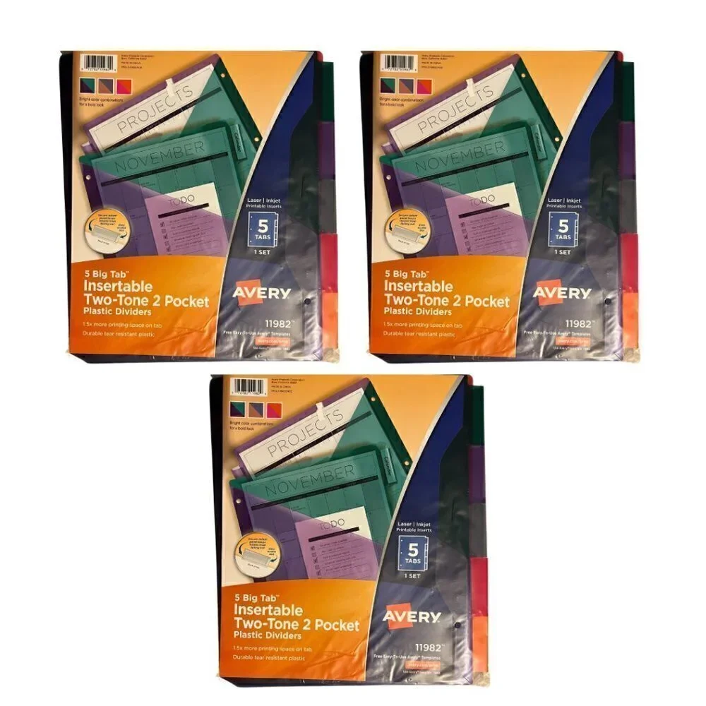 NEW 3 Avery 11982 5 Big Tab Insertable Two-Toned 2 Pocket Dividers